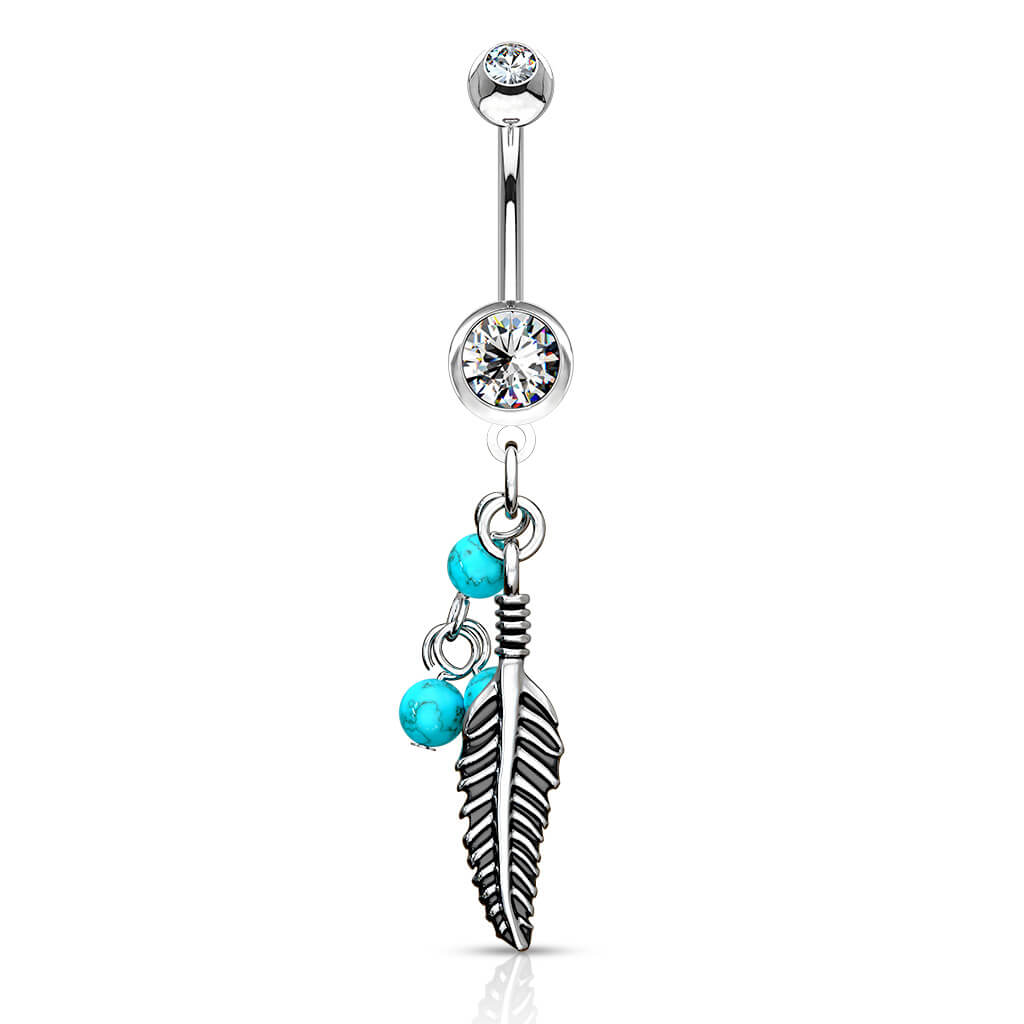 Piercing ombligo Pluma turquesa Piedra semipreciosa colgante Circonita Plata