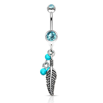 Belly Button Piercing Feather turquoise Semi-Precious Stone dangle Zirconia Silver