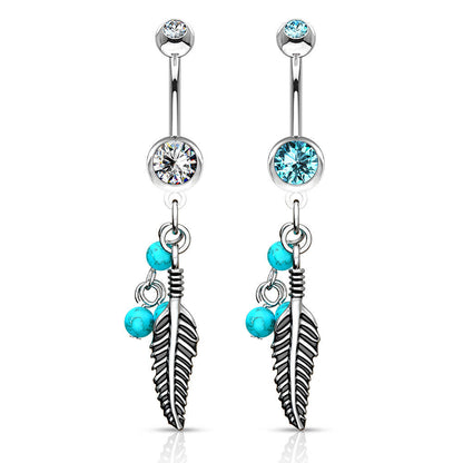 Belly Button Piercing Feather turquoise Semi-Precious Stone dangle Zirconia Silver