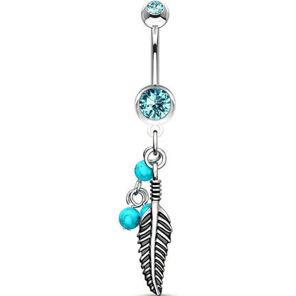 Belly Button Piercing Feather turquoise Semi-Precious Stone dangle Zirconia Silver