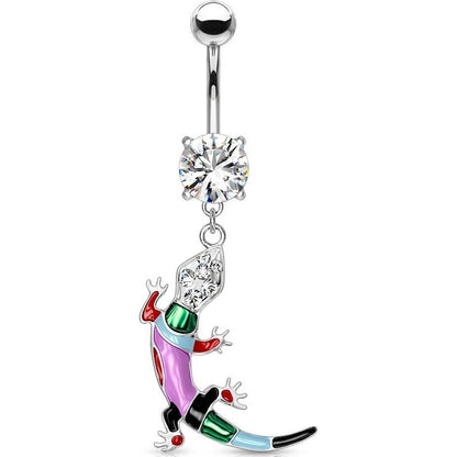 Piercing Nombril Pendentif Lézard Zircone Argent