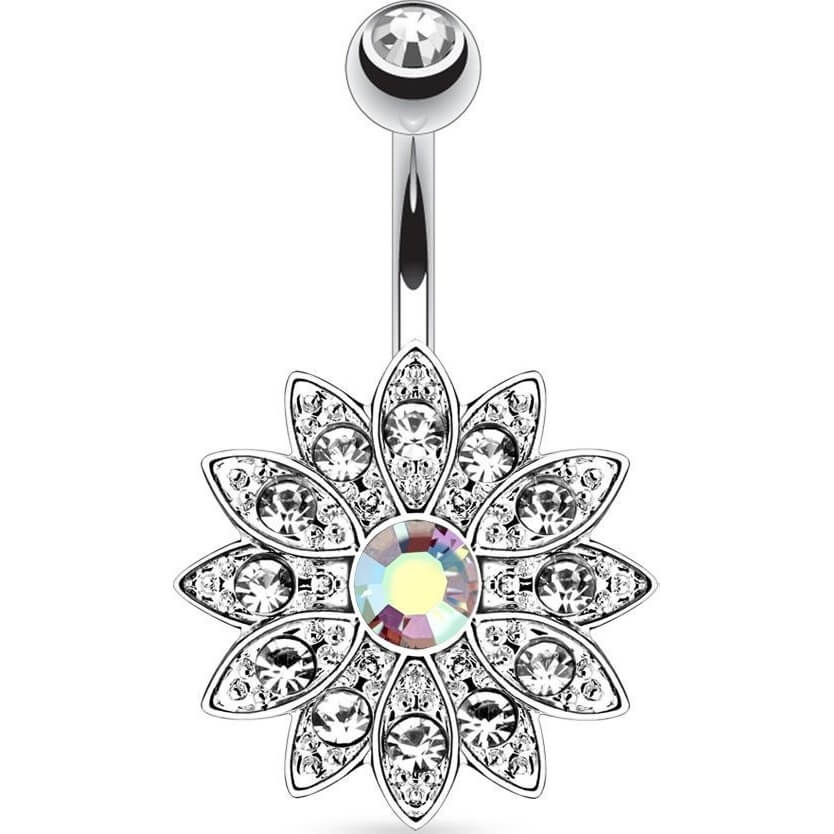 Belly Button Piercing Flower Zirconia Silver