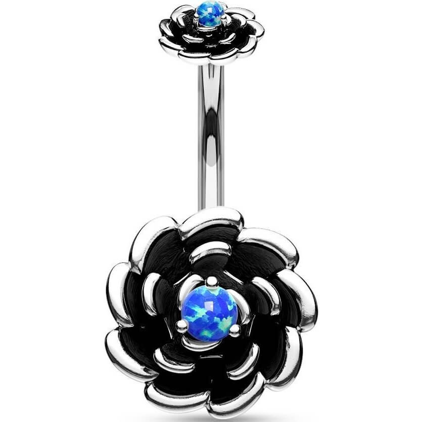 Piercing Nombril Fleur Opale Noir Filetage Interne