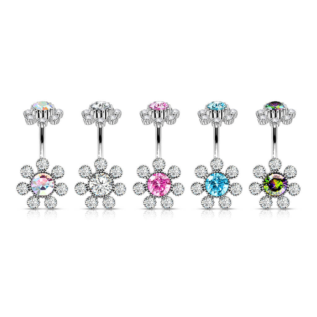 Belly Button Piercing Flower Zirconia Silver Internally Threaded