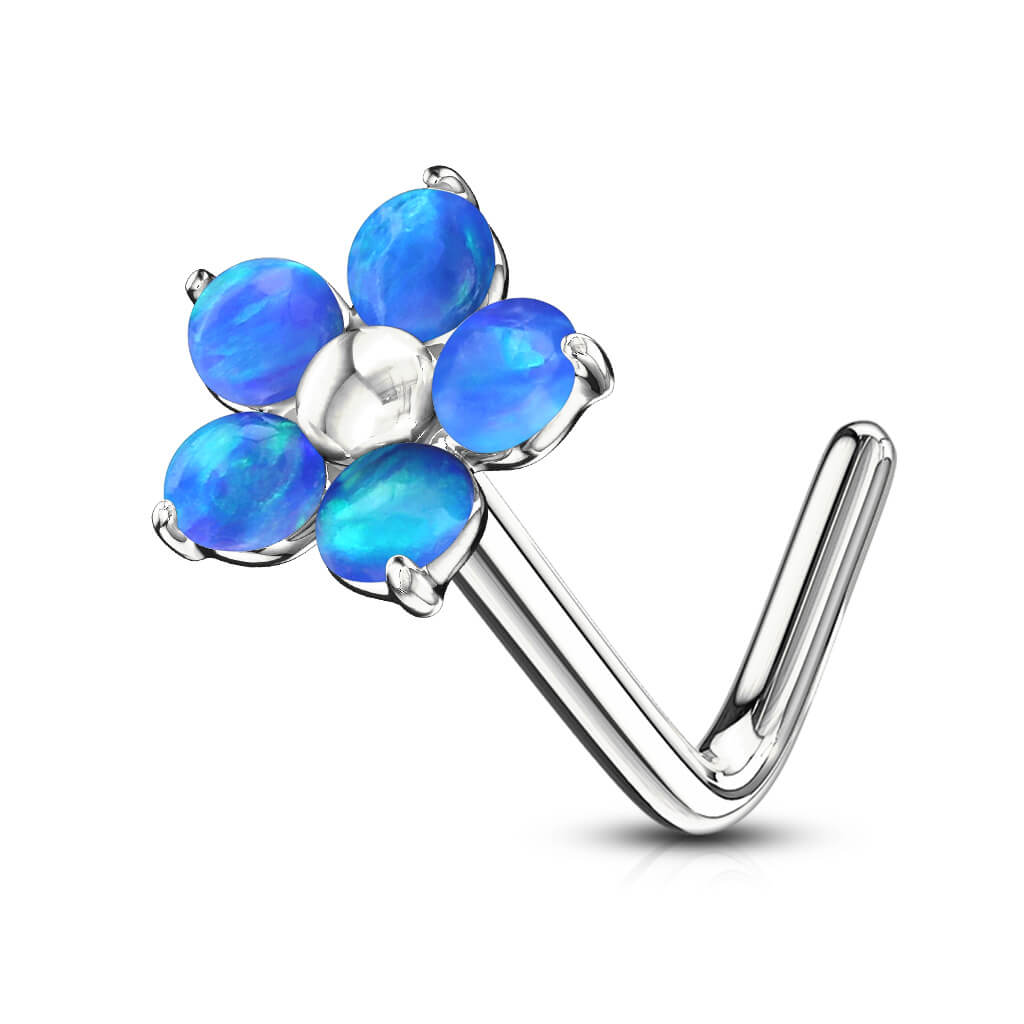 Nose L-Shape Flower Opal Silver