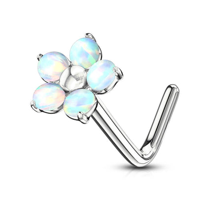 Nose L-Shape Flower Opal Silver