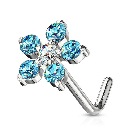 Nose L-Shape Flower Zirconia Silver