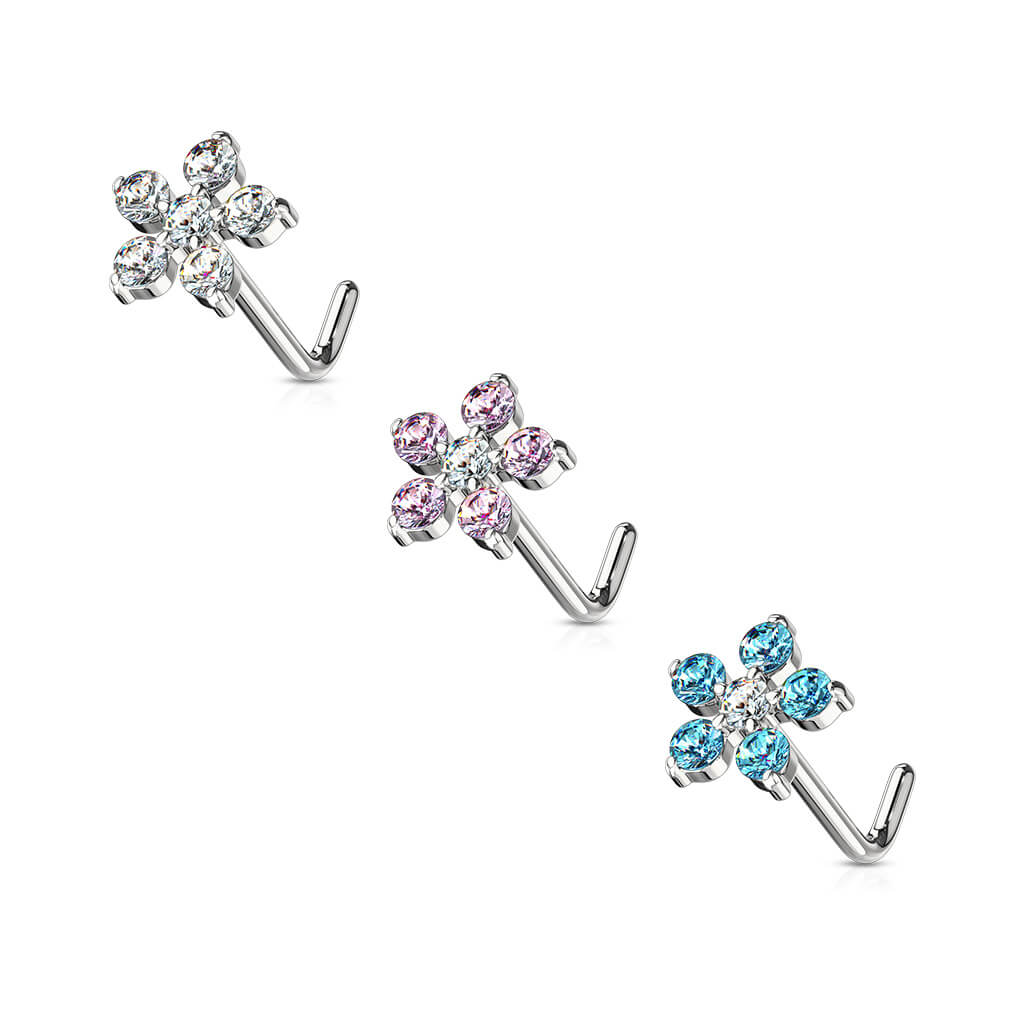 Nose L-Shape Flower Zirconia Silver