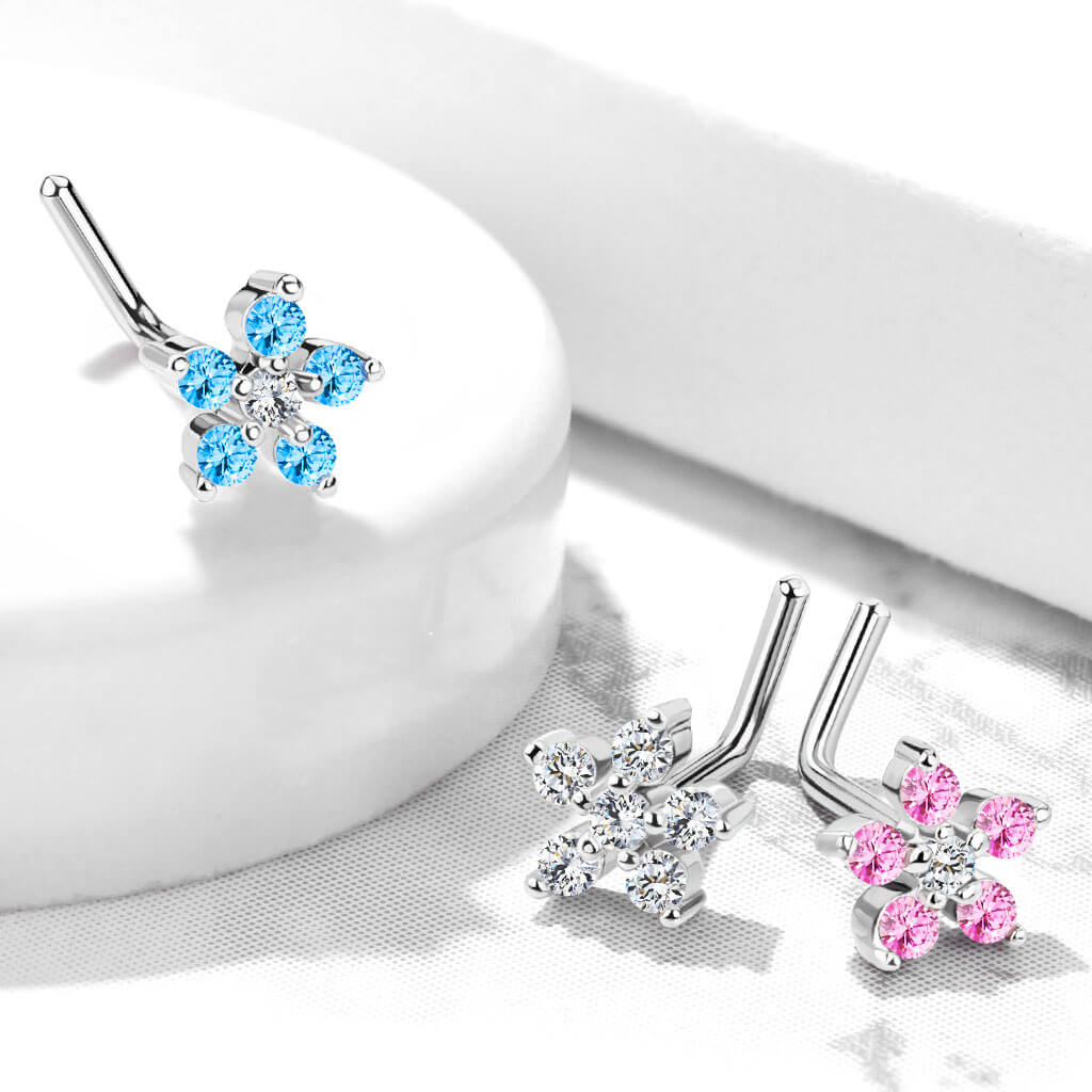 Nose L-Shape Flower Zirconia Silver