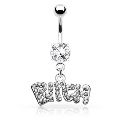 Belly Button Piercing BITCH dangle Zirconia Silver