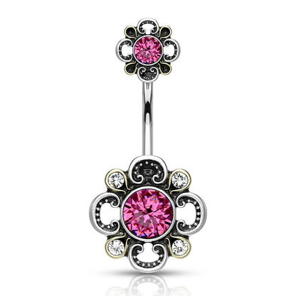 Belly Button Piercing Flower Zirconia Silver