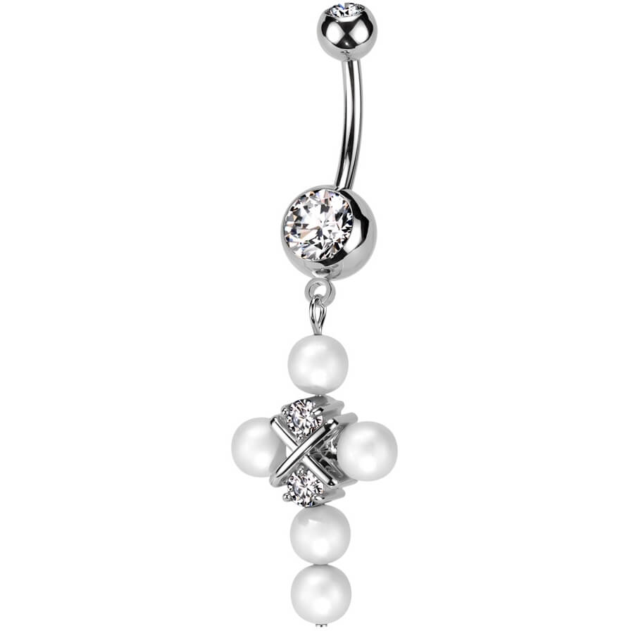 Belly Button Piercing cross dangle pearl zirconia