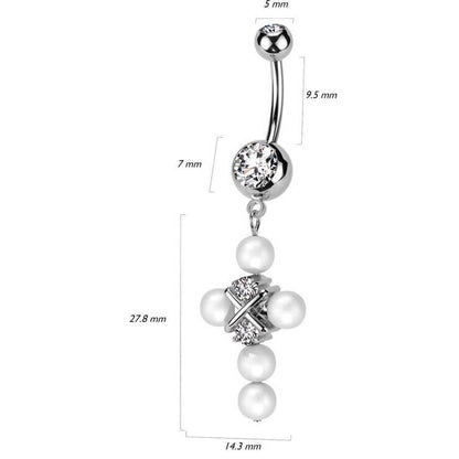 Belly Button Piercing cross dangle pearl zirconia