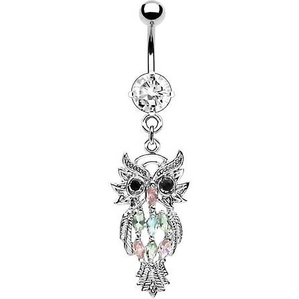 Belly Button Piercing Owl dangle Zirconia Silver