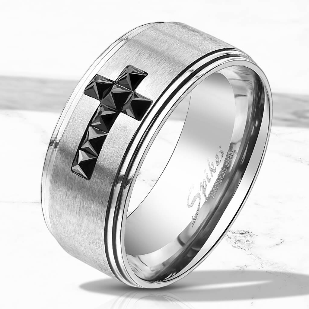 Anneau Croix Zircone Noir Argent