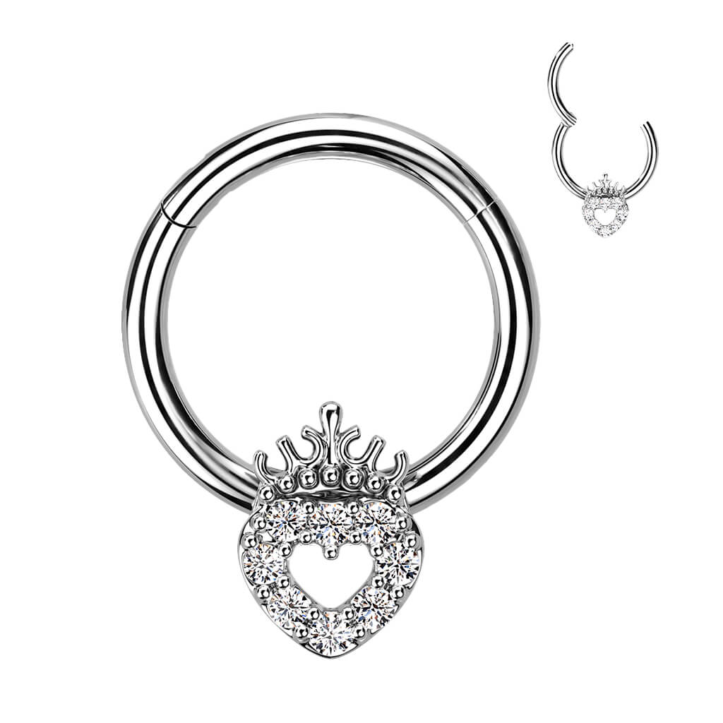 Anello Piercing Cuore coronato di zirconi Clicker