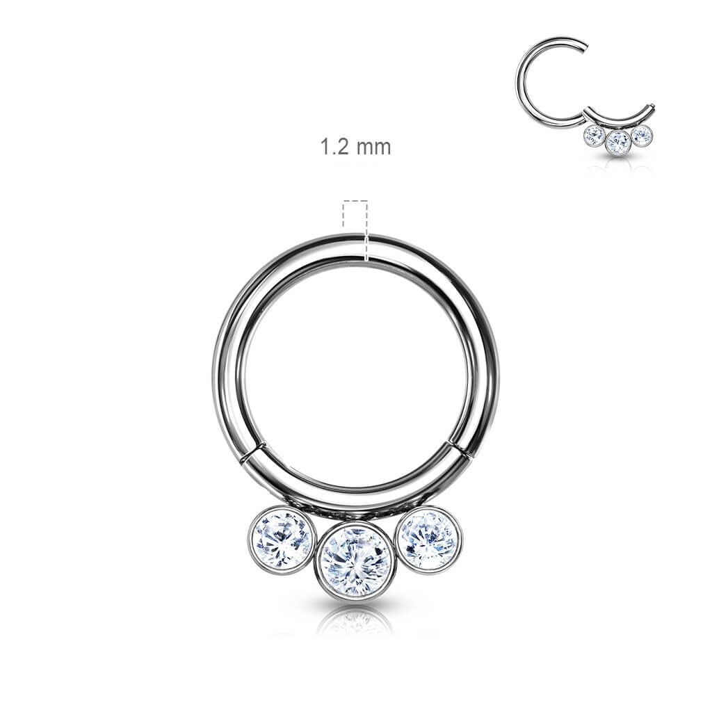 Titanio Anello Piercing Argento con 3 sfere di zircone Clicker