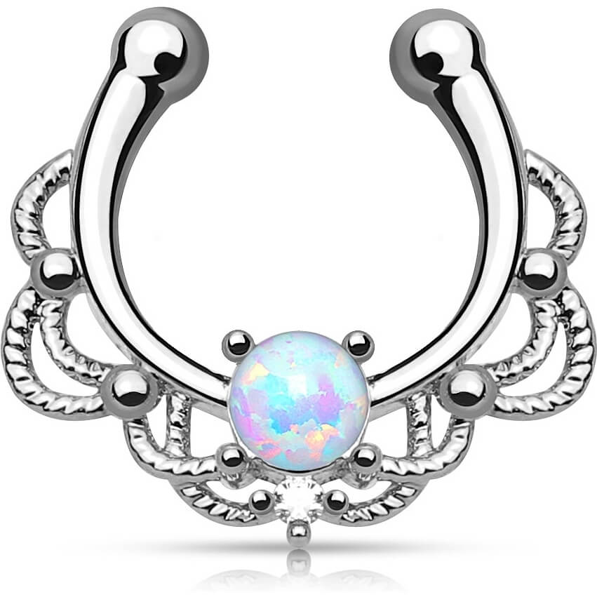 Faux Piercing au nez Septum Opale Ronde Argent Pliable