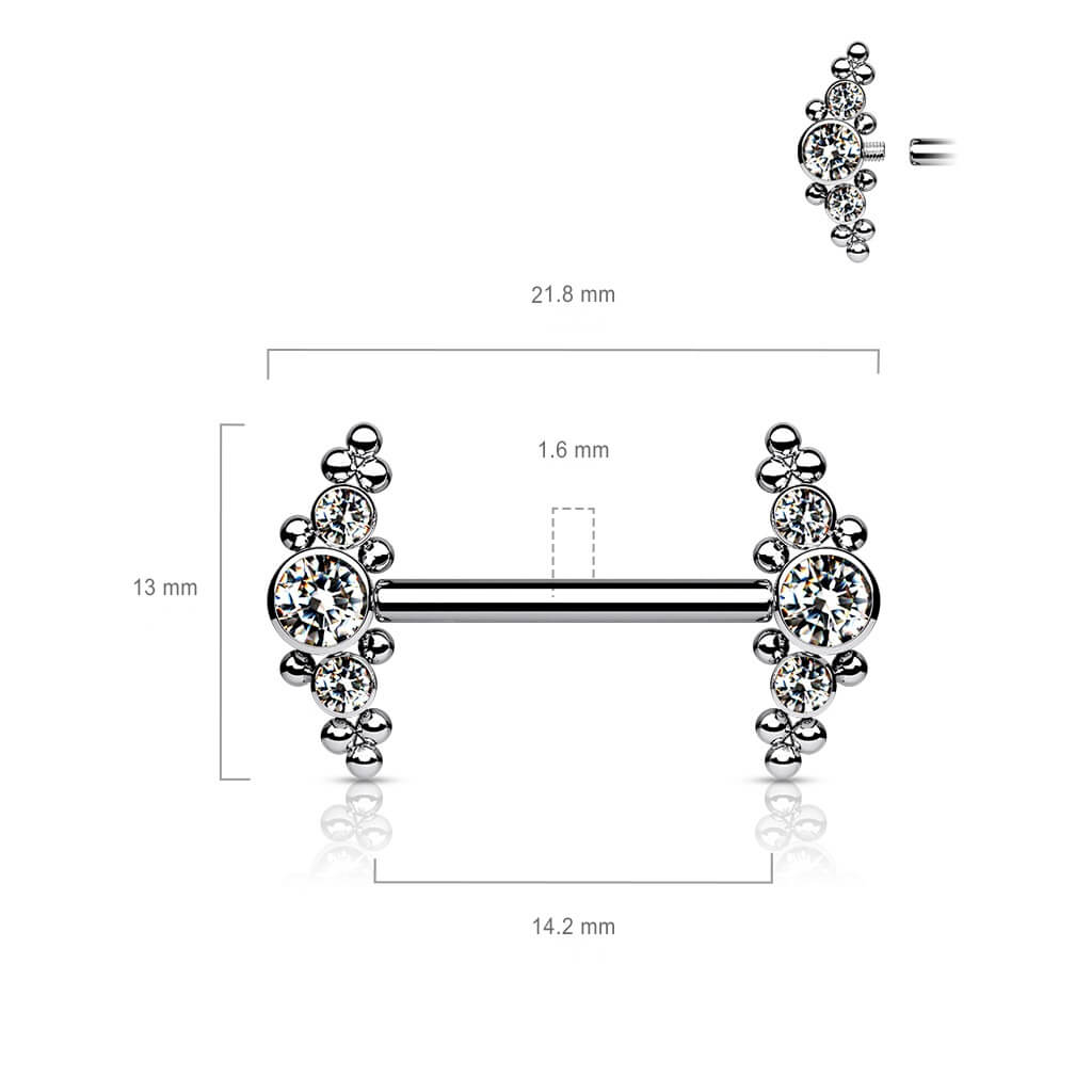 Titanio Piercing Capezzolo Trifogli argento con 3 zirconi Filettatura Interna