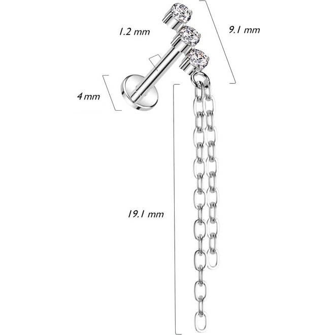 Titanio Labret Pendente con catena e 3 zirconi Filettatura Interna