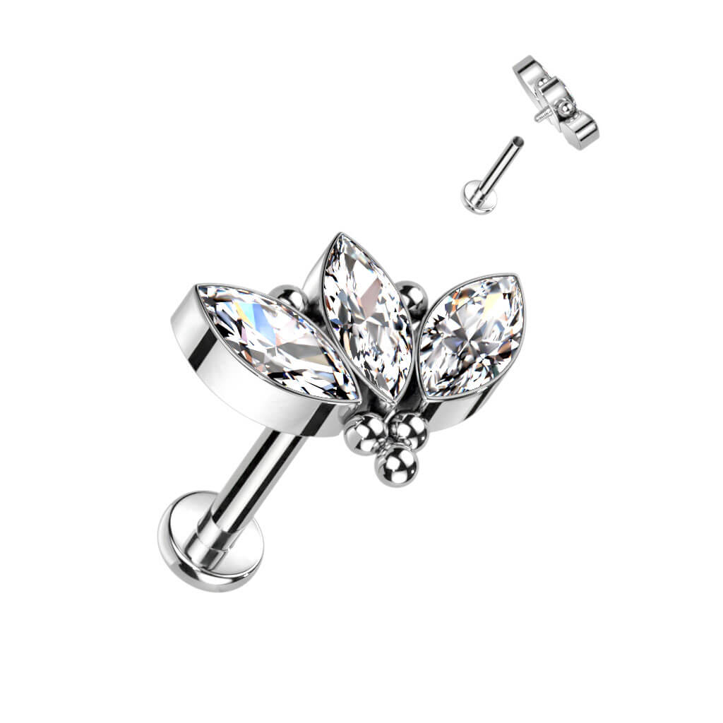 Titanium Labret Marquise Cut 3 Zirconia Silver Internally Threaded