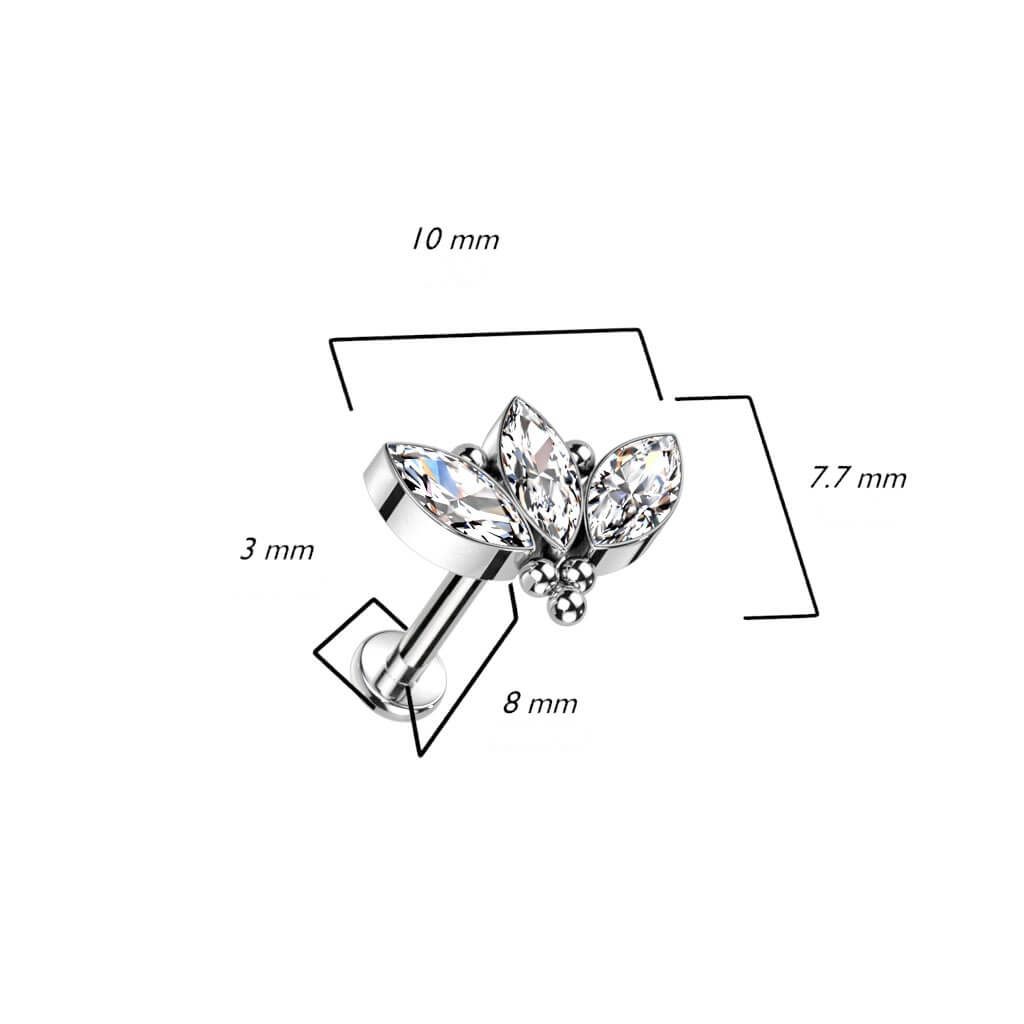 Titane Labret 3 Marquises Zircone Argent Filetage Interne