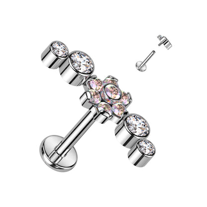 Titanium Labret Flower Zirconia Silver Internally Threaded