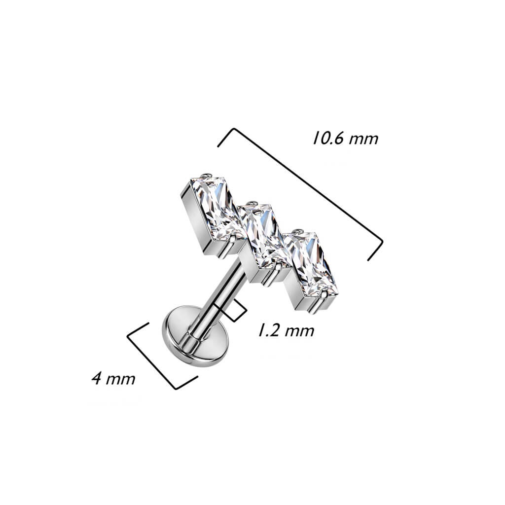 Titanium Labret Baguette 3 Zirconia Internally Threaded