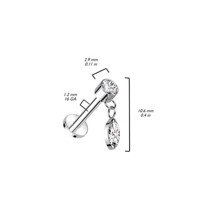 Titanio Labret Pendente con Zircone marquise Filettatura Interna