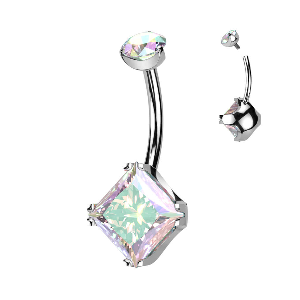 Titanium Belly Button Piercing Square Zirconia Internally Threaded