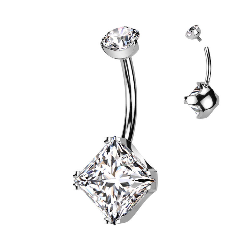 Titanium Belly Button Piercing Square Zirconia Internally Threaded