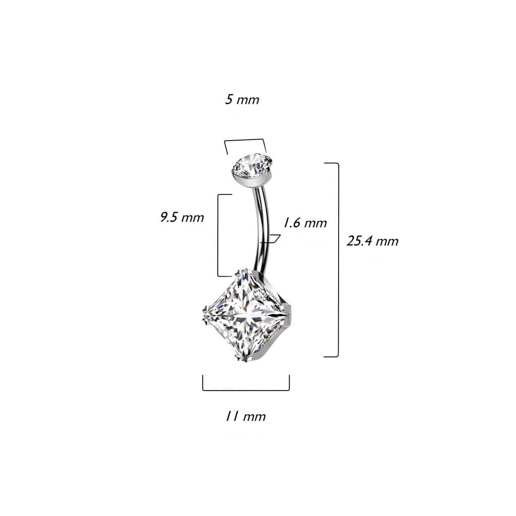 Titanium Belly Button Piercing Square Zirconia Internally Threaded