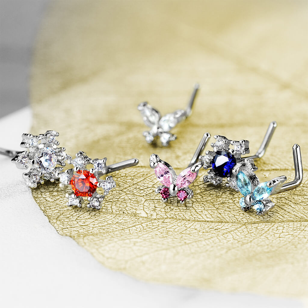 Nose L-Shape Butterfly Flower Zirconia Silver