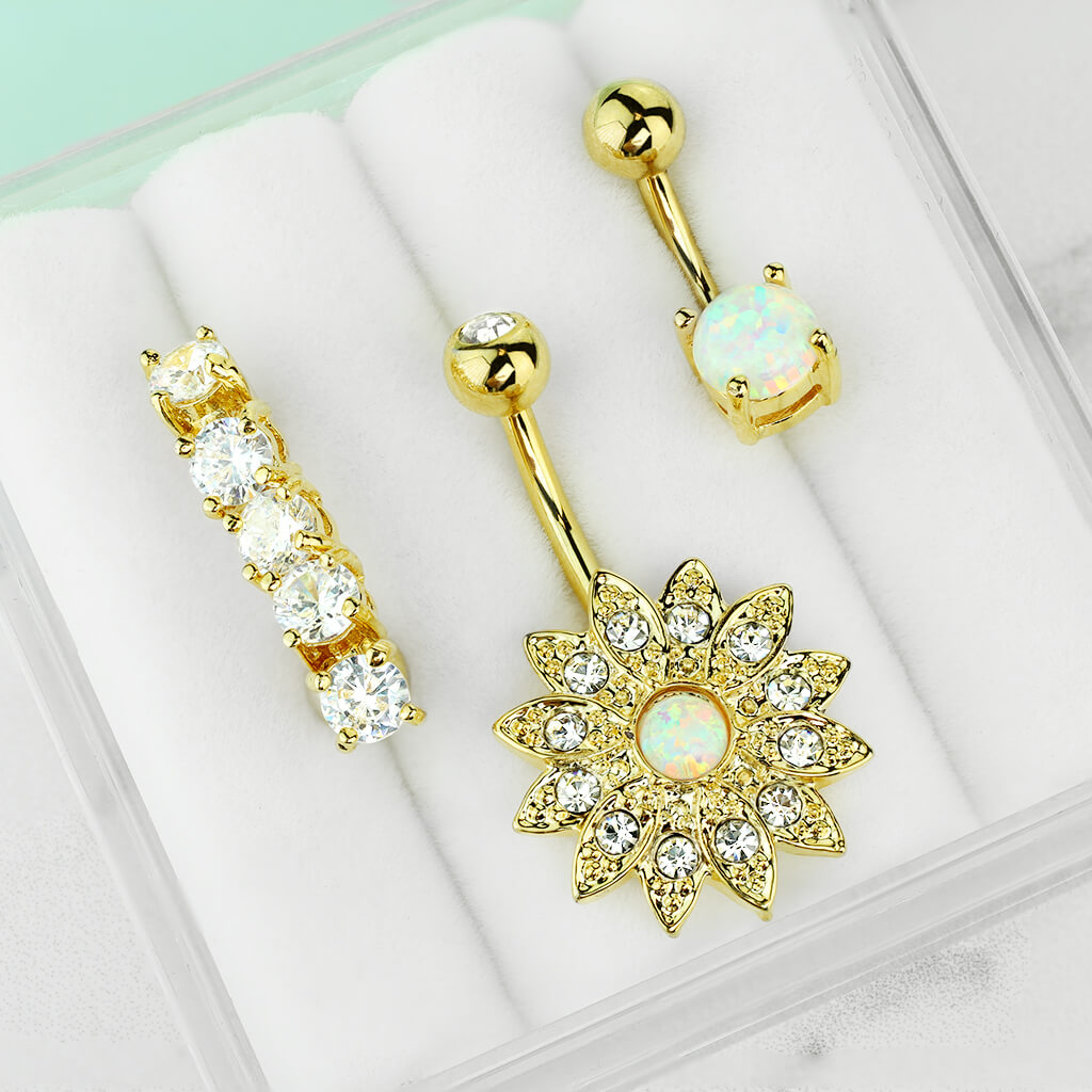 Belly Button Piercing Set Zirconia Opal Gold