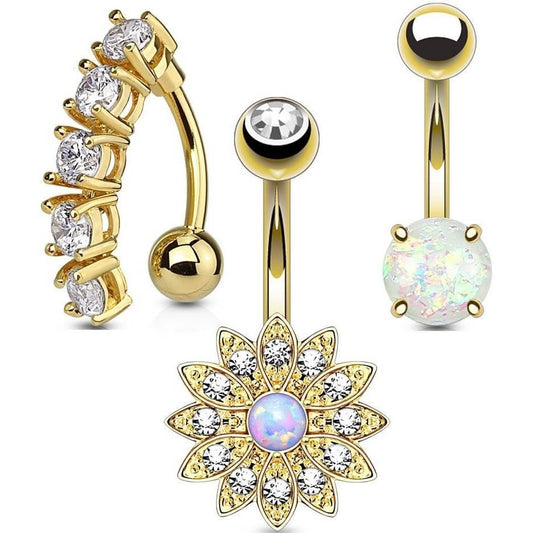 Bauchnabelpiercing Set Zirkonia Opal Gold