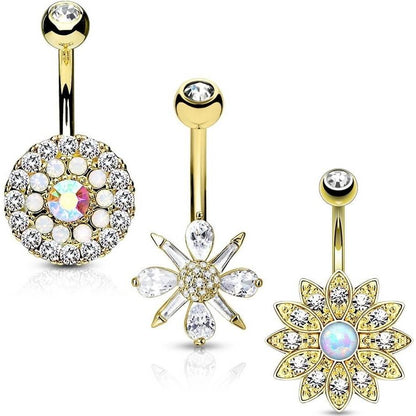 Belly Button Piercing Flowers Zirconia Opal Gold