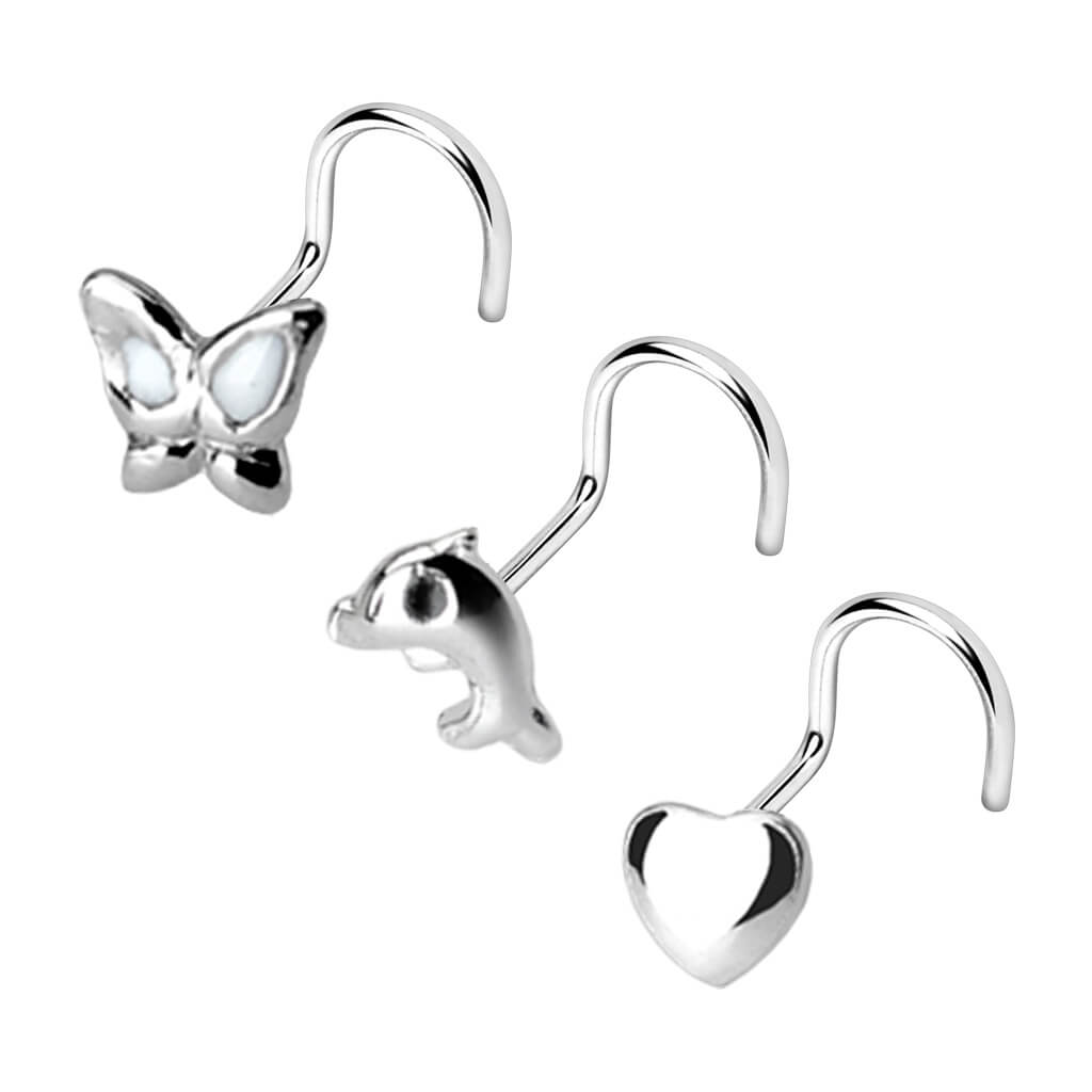 Silver 925 Nose Screw Set Butterfly Heart Dolphin Silver