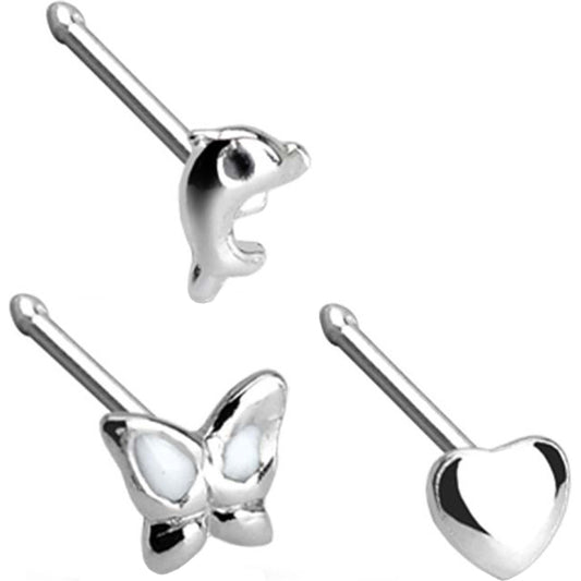 Plata 925 Nariz Stud Pack Mariposa Corazón Delfín Plata