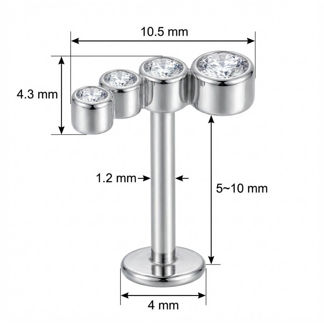 Titanium Labret Four Crystal Curved Arc Internally Threaded