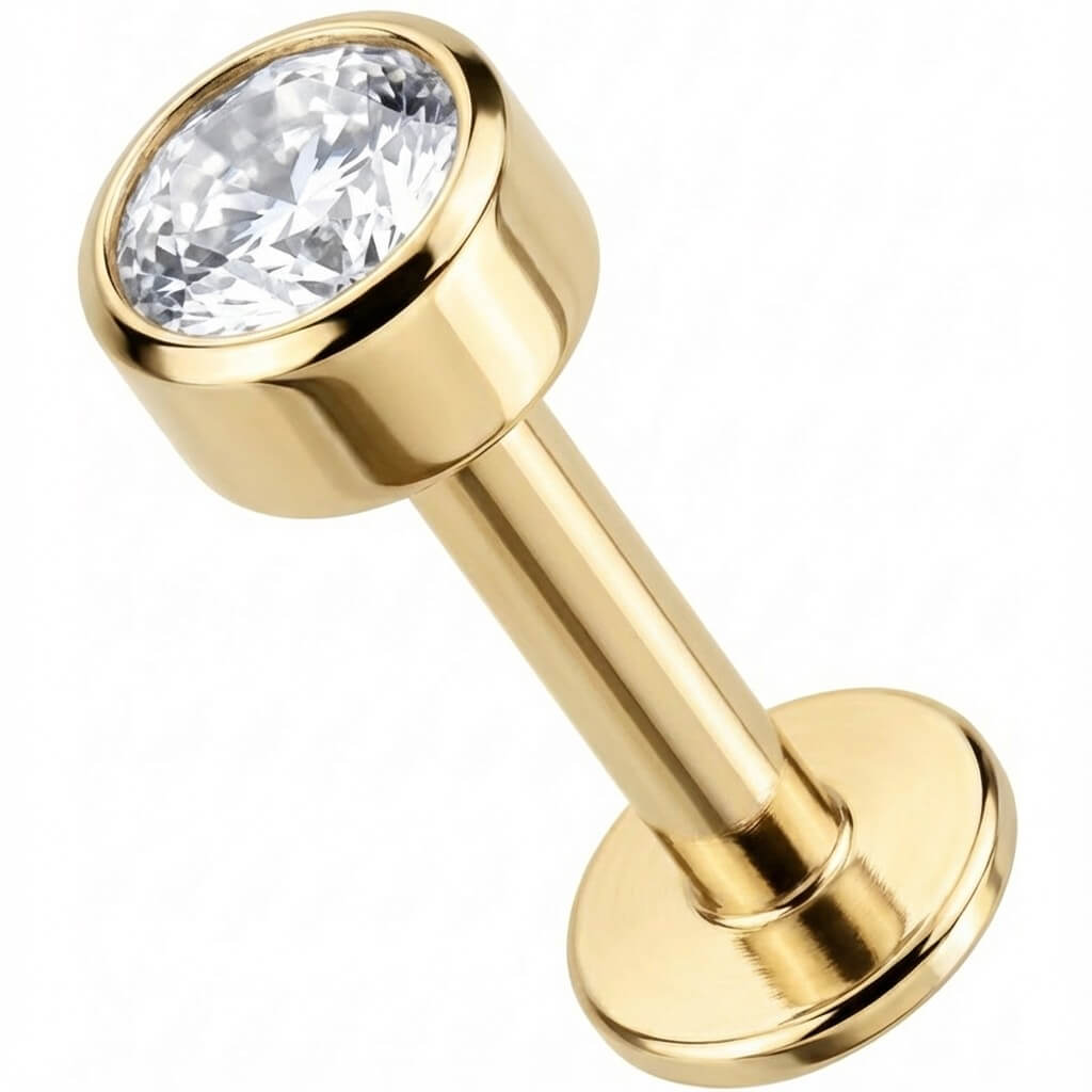Titanium Labret Round Bezel Set Clear Crystal Internally Threaded