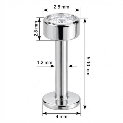 Titanium Labret Round Bezel Set Clear Crystal Internally Threaded