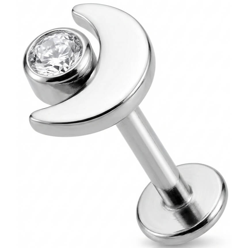 Titanium Labret Crescent Moon With Clear Crystal Internally Threaded