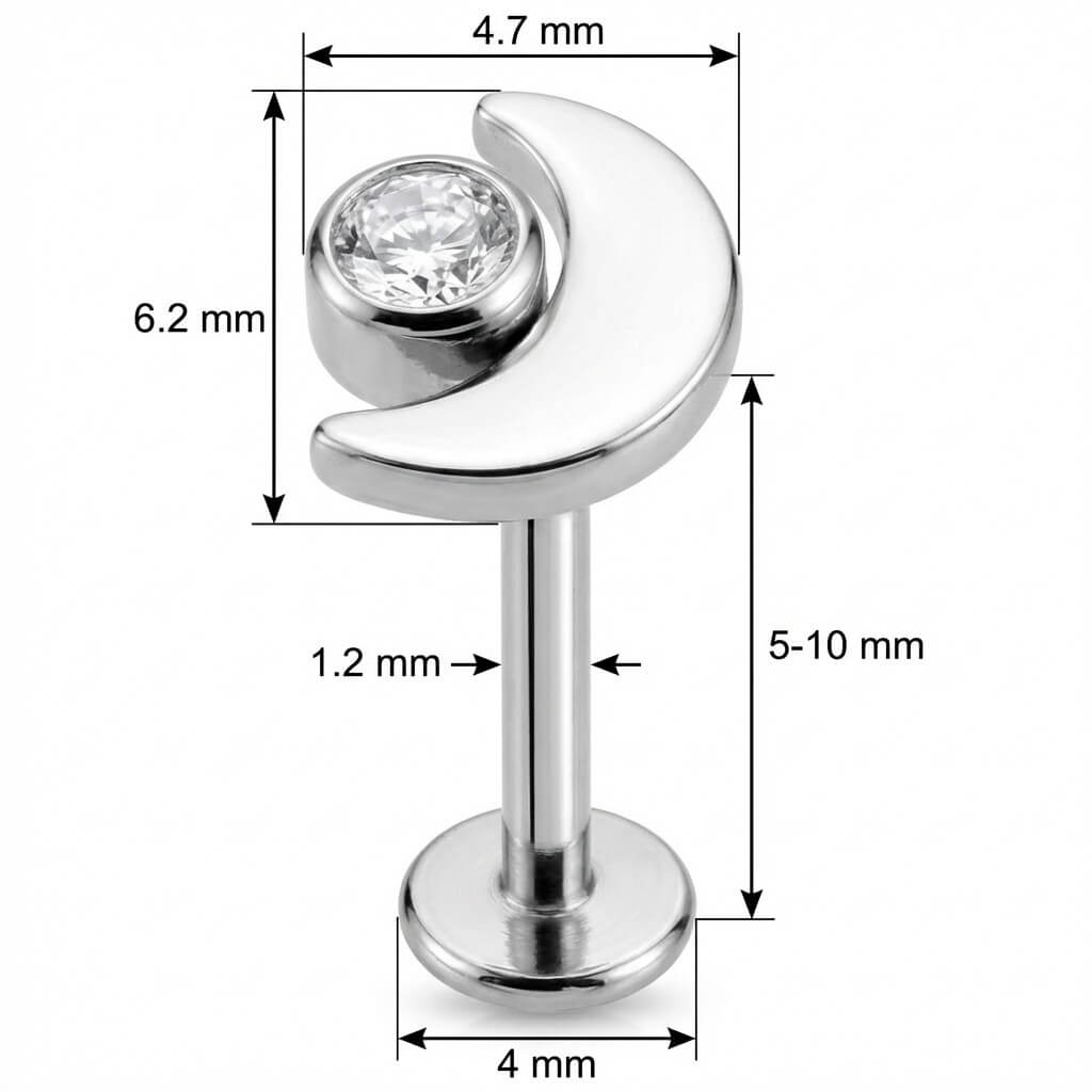 Titanium Labret Crescent Moon With Clear Crystal Internally Threaded