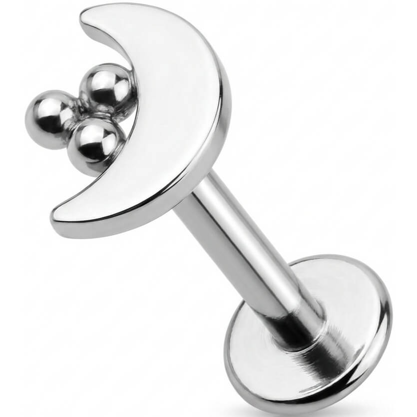 Titanium Labret Crescent Moon With Triple Beads Internally Threaded