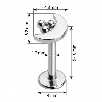 Titanium Labret Crescent Moon With Triple Beads Internally Threaded