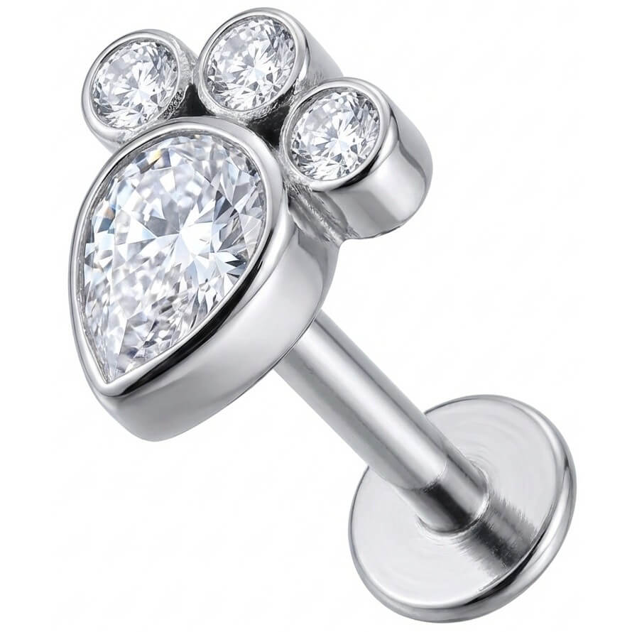 Titanium Labret Sparkling Crystal Paw Print Internally Threaded