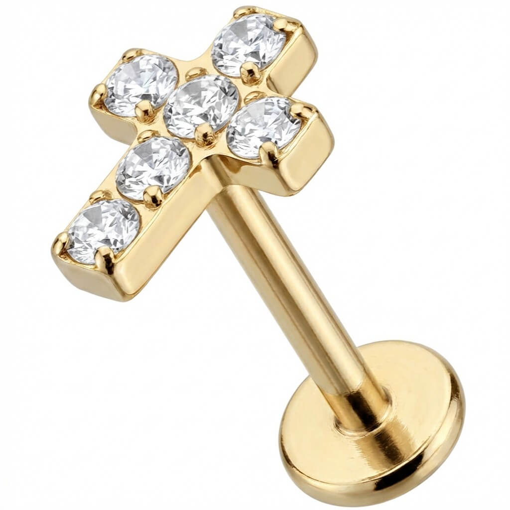 Titanium Labret Paved Crystal Cross Design Internally Threaded
