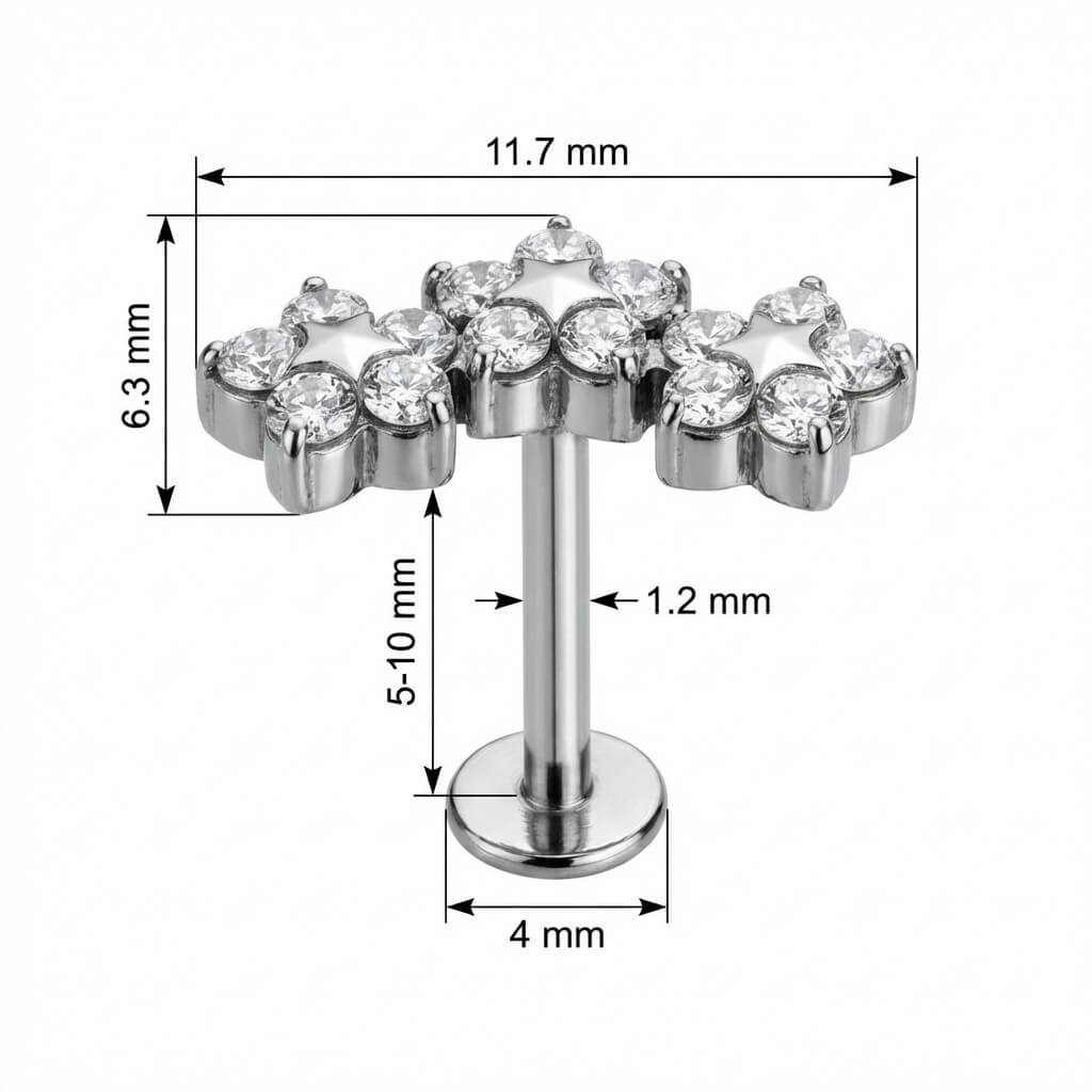 Titanium Labret Triple Crystal Star Flower Cluster Internally Threaded