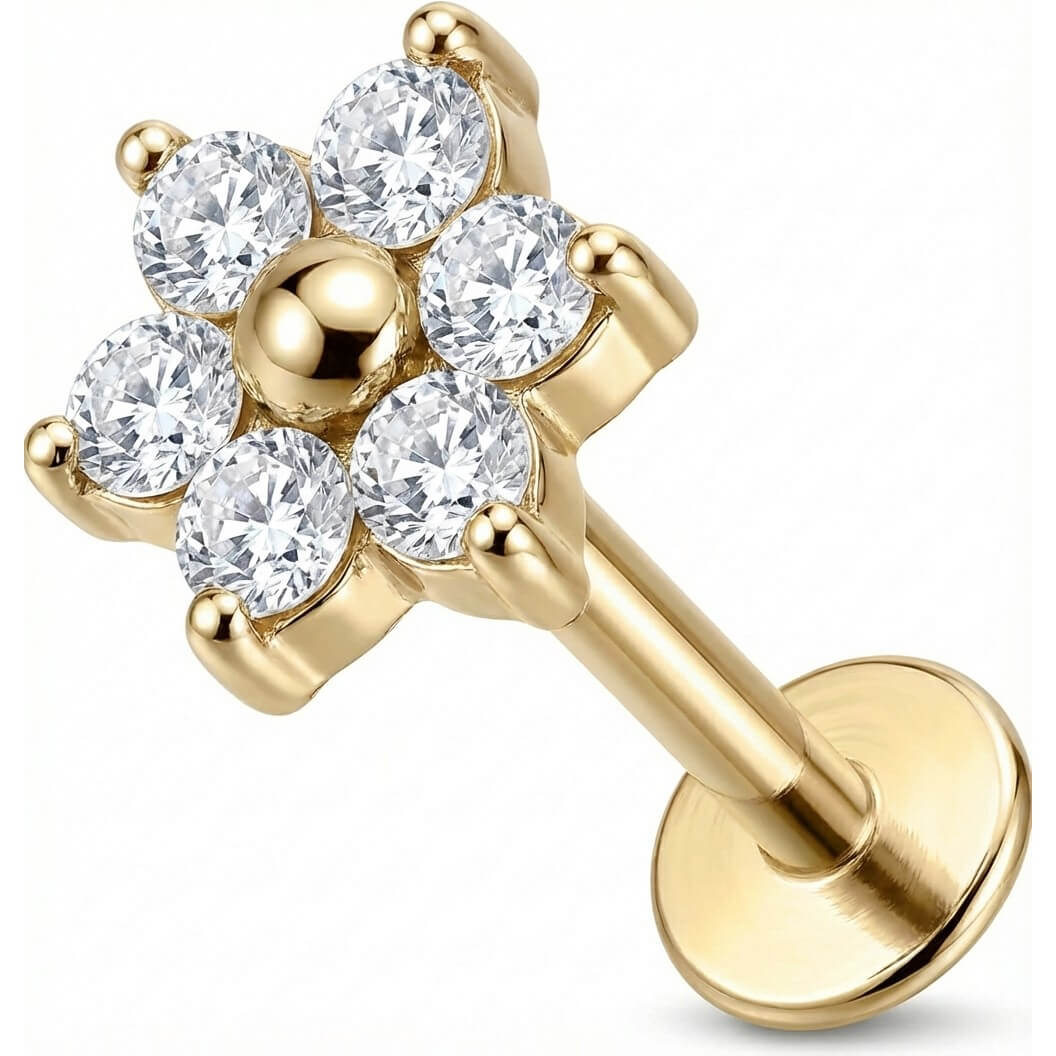 Titanium Labret Clear Crystal Flower Blossom Internally Threaded