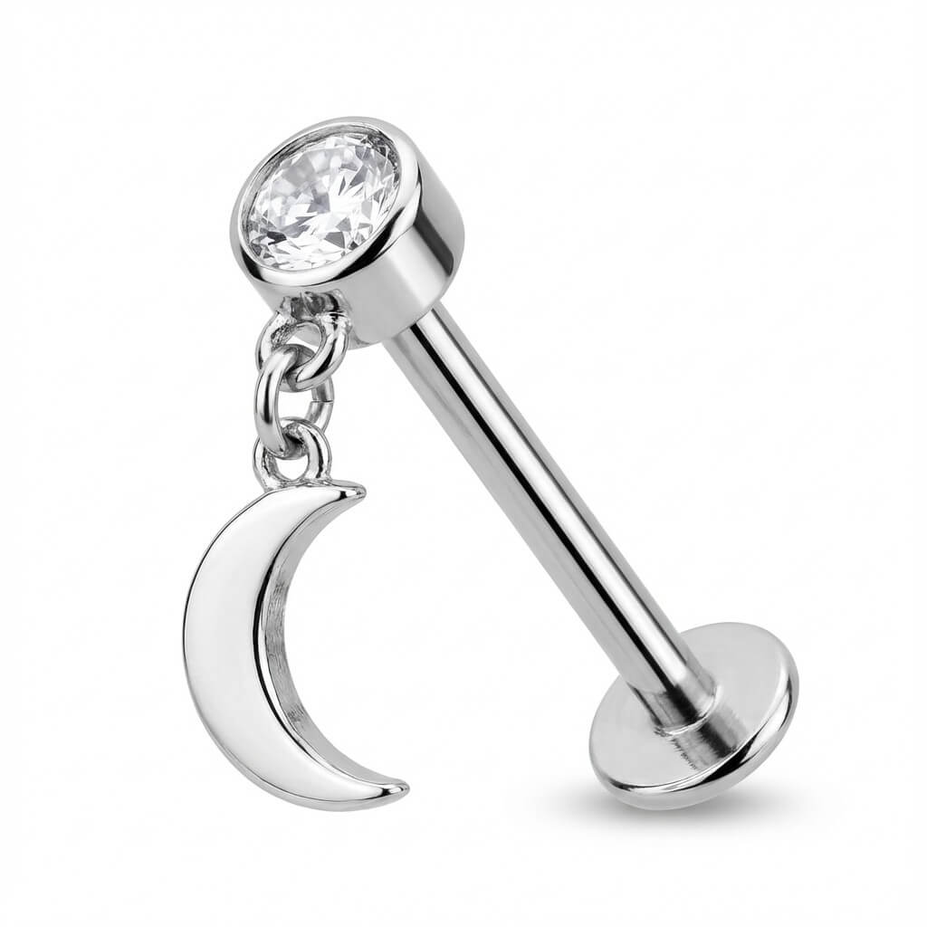 Titanium Labret Bezel Crystal With Dangle Moon Internally Threaded